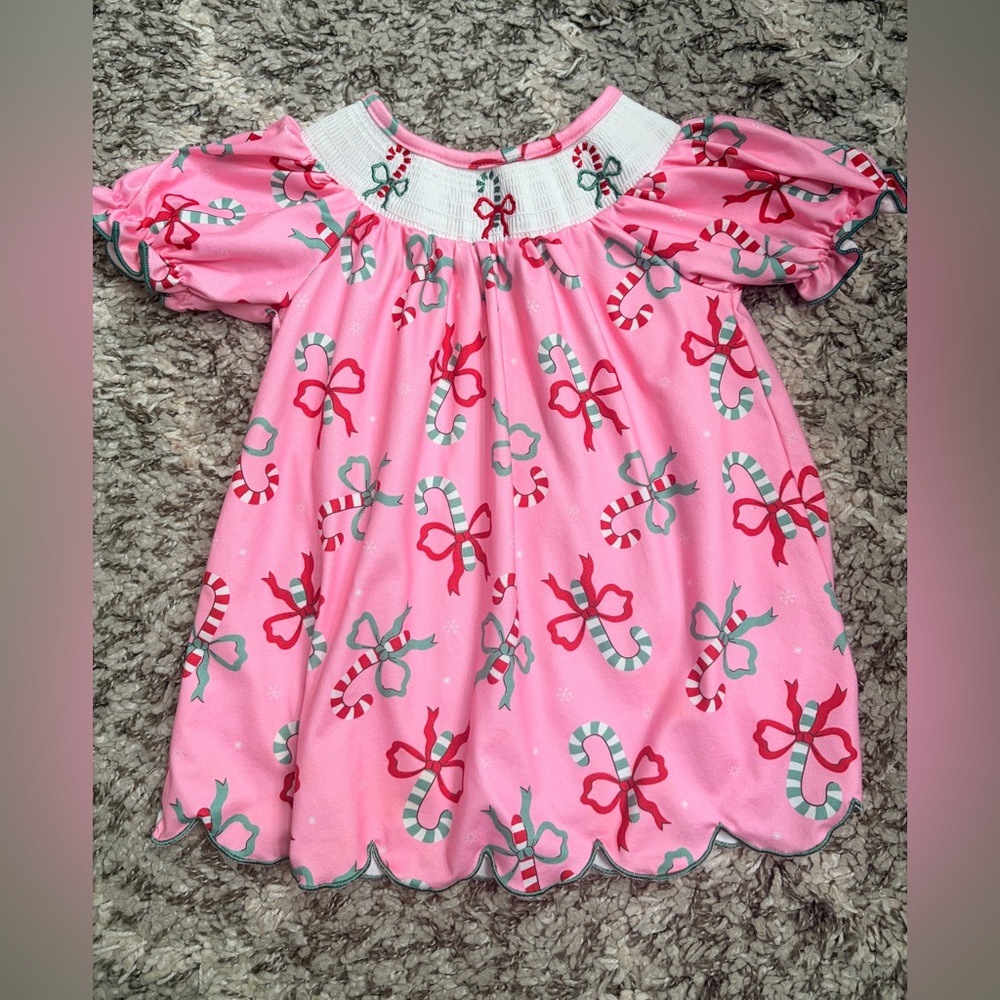 Marie Nicole Pink & Green Candy Cane Smocked Dress